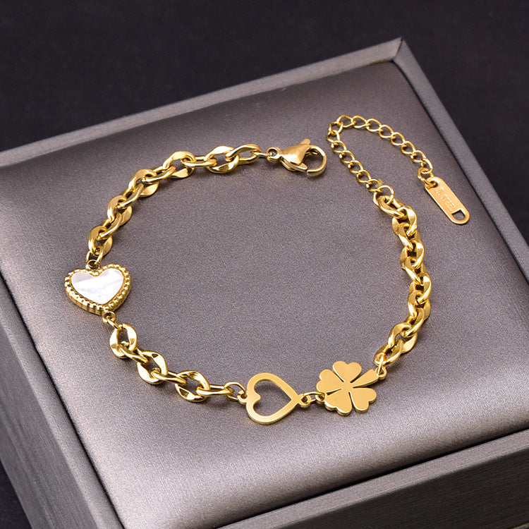 Tobillera Trébol y Corazón. Acero Titanio Chapado oro 18K