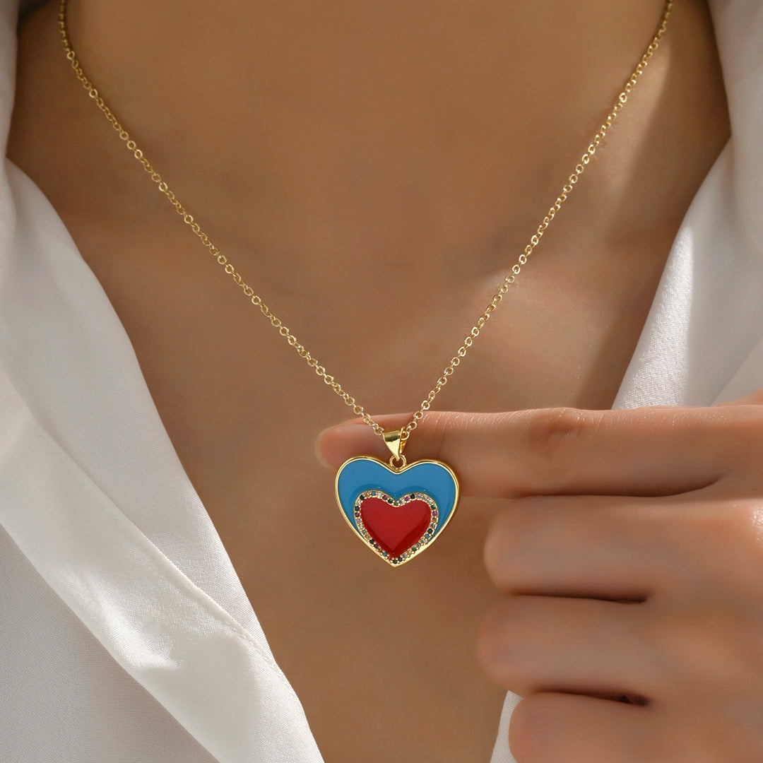 Collar Corazón Azul y Rojo. Acero Titanio Chapado Oro 18K