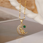 Collar Oso Lunar Con Circón. Acero Inoxidable Cobre Chapado Oro  18K