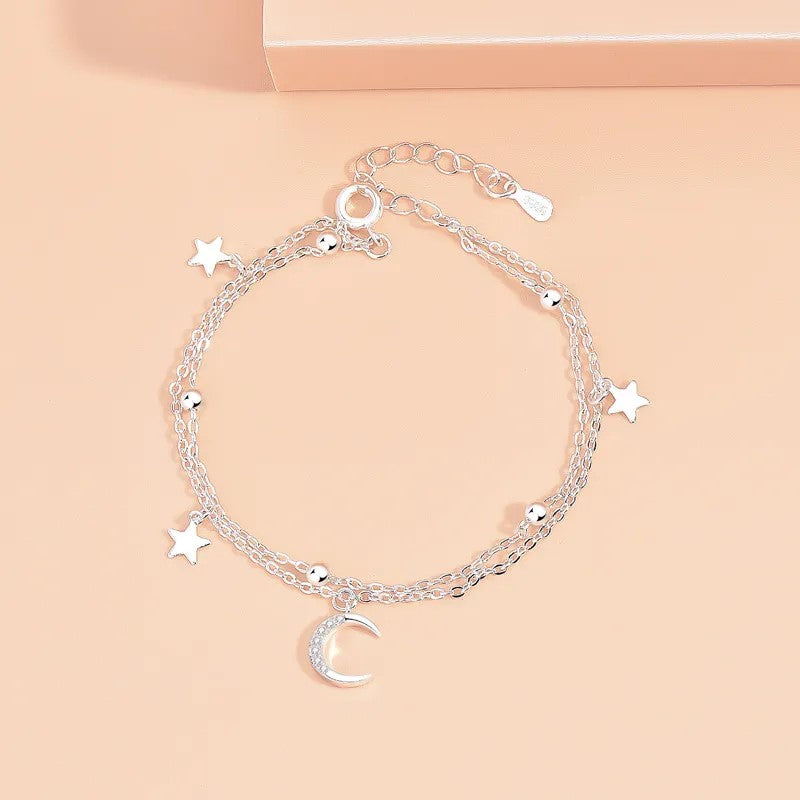 Pulsera Luna Con Circón Blanco y Estrellas Doble Cadena. Plata 925