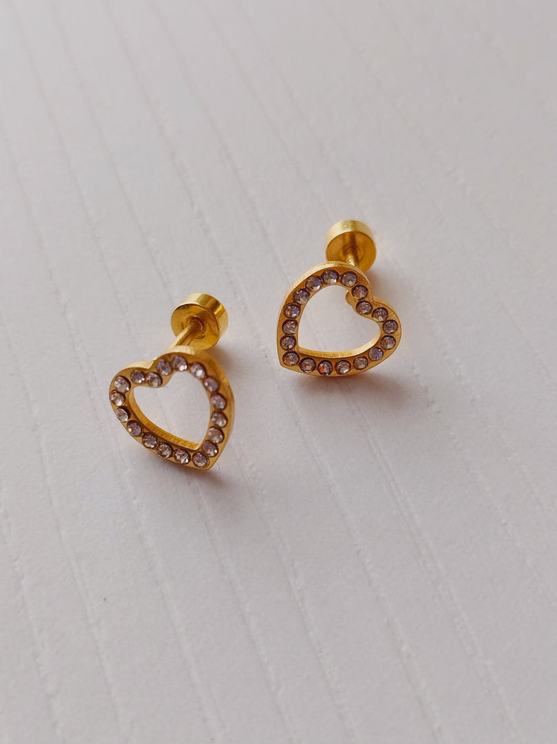 Aretes de Seguridad Corazón Con Circón. Acero Inoxidable Chapado Oro