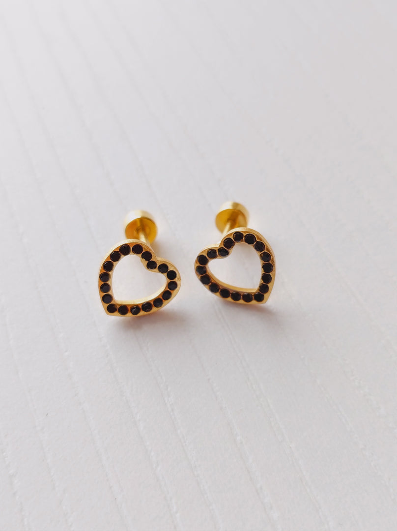 Aretes de Seguridad Corazón Con Circón. Acero Inoxidable Chapado Oro