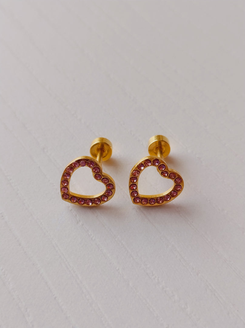 Aretes de Seguridad Corazón Con Circón. Acero Inoxidable Chapado Oro